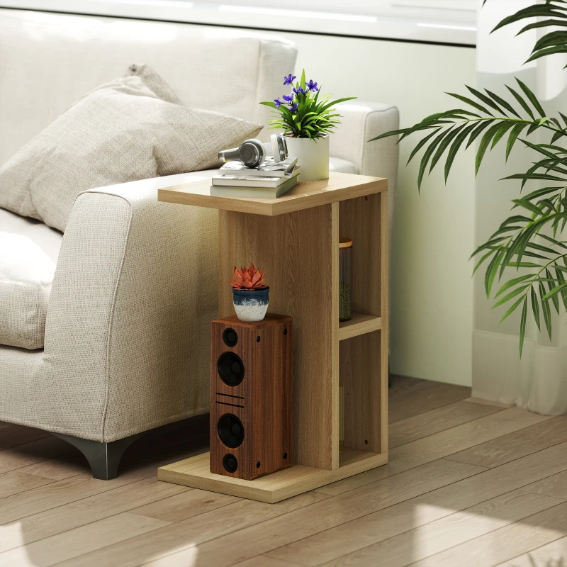 HOMCOM Table d'appoint 3 niveaux en forme de C avec 2 compartiments ouverts, 40 x 29,8 x 60 cm, chêne