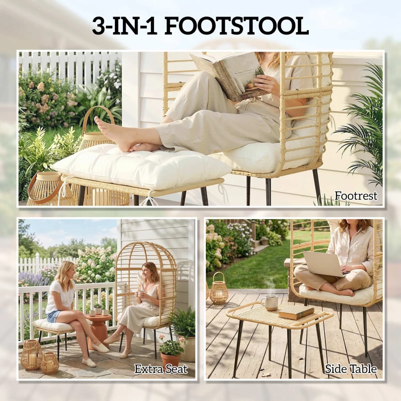 Outsunny Garden Egg Chair with Footstool, Rattan Indoor Outdoor Lounge Chair and Ottoman Set with Thick Cushions, Beige