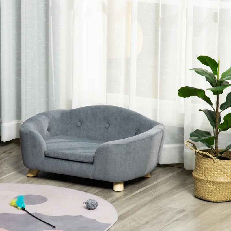 PawHut Dog Sofa Bed Pet Chair Couch with Water Resistant Fabric, Kitten Lounge with Soft Cushion, Wooden Frame for Mini Size Dogs - Grey