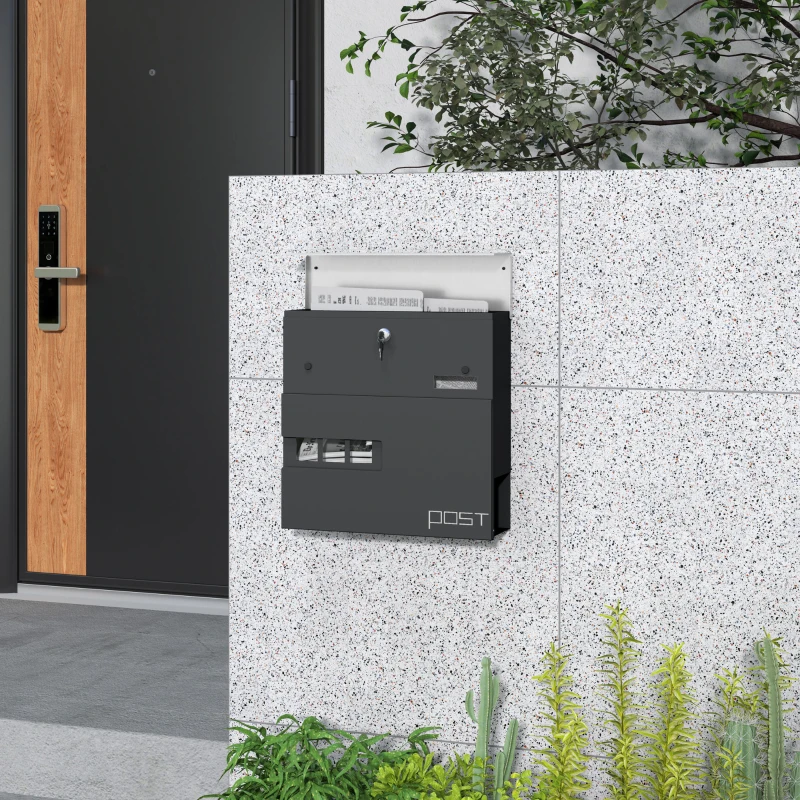HOMCOM Locking Galvanised Steel Letterbox - Charcoal Grey/Black