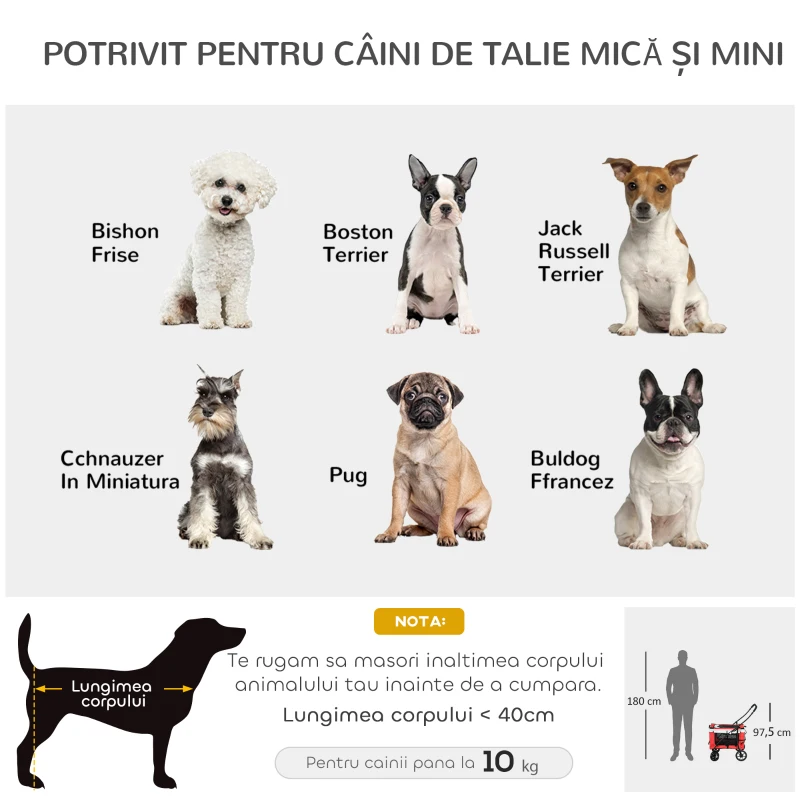 PawHut Cărucior pentru câini de talie mică și mini cu 2 lese și husă de depozitare, 81x58x97.5 cm