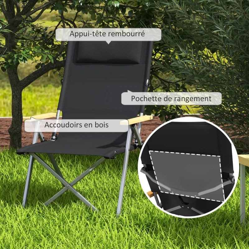 Outsunny Chaise de camping chaise de pêche pliante et portable, dossier ajustable, appui-tête rembourré, 74 x 59,5 x 98 cm, noir