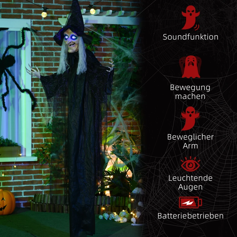 HOMCOM Halloween-heks, Halloween-decoratie, geluidsfunctie, met bewegingssensor, LED-lichten, 130 cm x 18 cm x 183 cm
