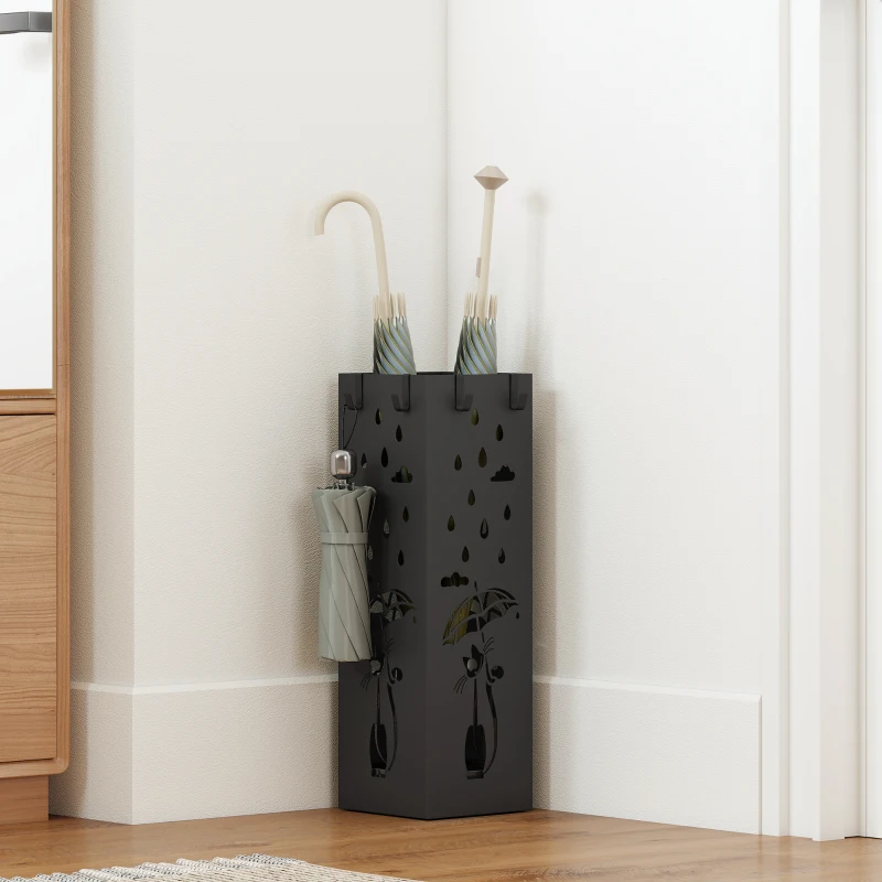 HOMCOM Portaombrelli Quadrato Stilizzato in Metallo con Vassoio Antigoccia Rimovibile e 4 Ganci, 15.5x15.5x49 cm, Nero