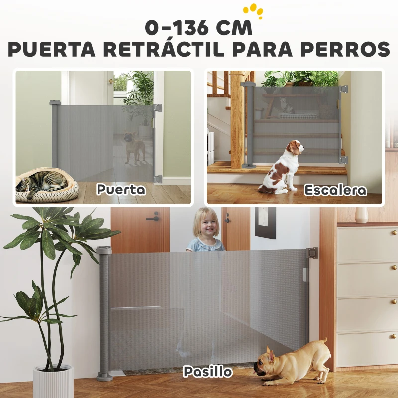 PawHut Barrera de Seguridad para Perros Retráctil con Interruptor de Cierre para Puertas Escaleras Pasillos 142x10x87 cm Gris
