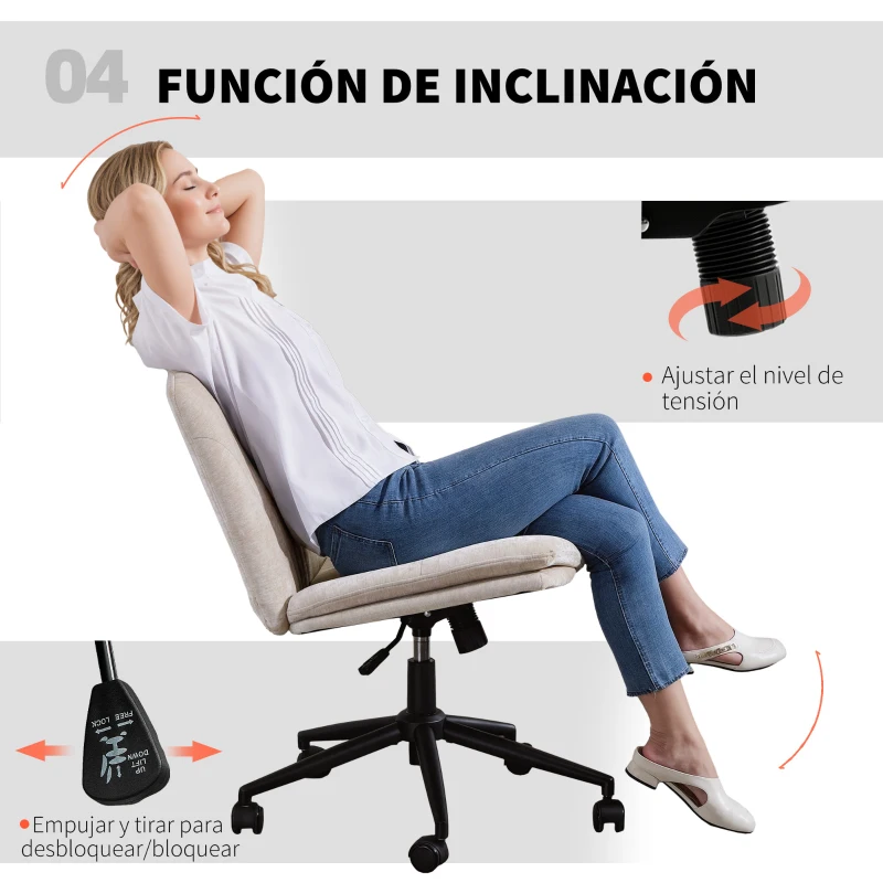 HOMCOM Silla de Oficina con Asiento Ancho sin Reposabrazos Ruedas Altura Ajustable Giratoria Función Basculante Beige