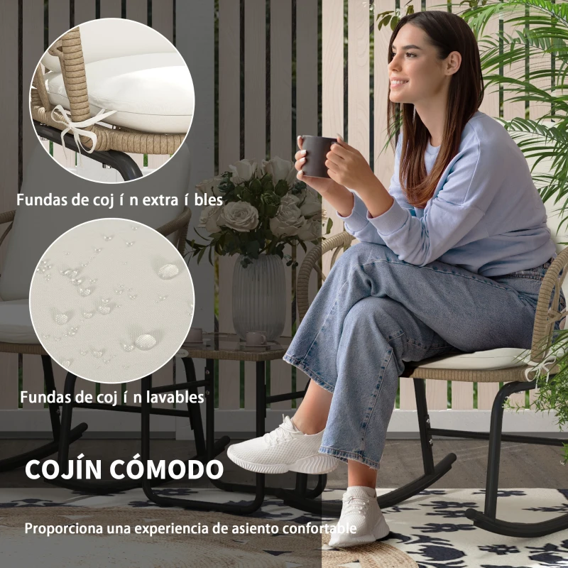 Outsunny Conjunto de Muebles de Ratán de 3 Piezas con 1 Mesa de Centro 2 Mecedoras y Cojines para Jardín Crema y Beige