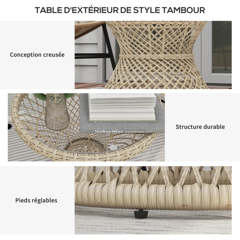 Outsunny Table basse d'extérieur table de jardin style tambour plateau en verre trempé résine tressée imitation rotin marron