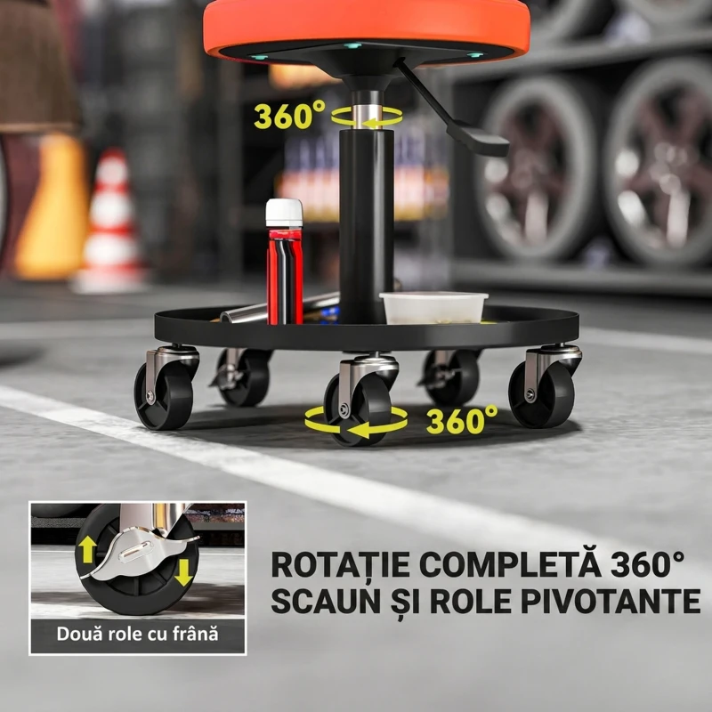 HOMCOM Scaun de atelier cu roți, scaun de mecanic, reglabil 38-50 cm, tavă pentru unelte, 135 kg, portocaliu