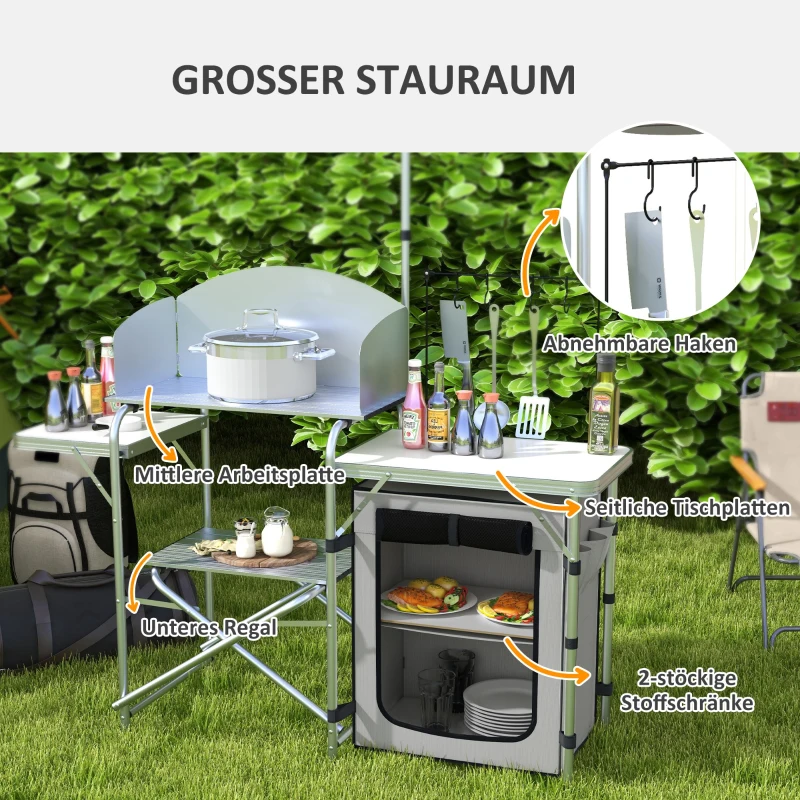 Outsunny Campingkeuken inklapbaar, buitenshuis keuken met UV-bescherming, windscherm, zilver