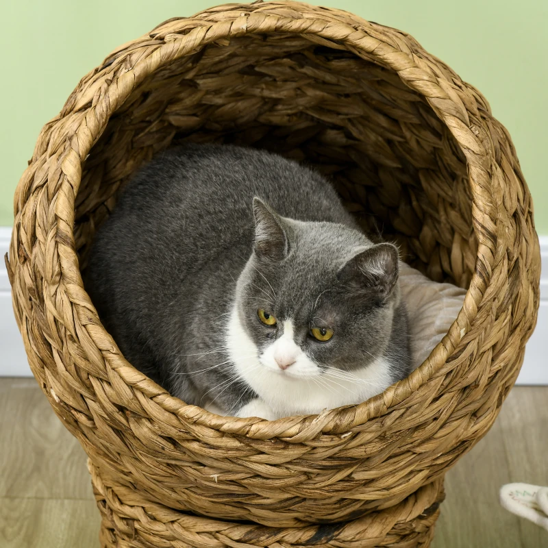 PawHut Kattenslaapplek, kattenbed met kussen, kattengrot, bananenblad, bruin