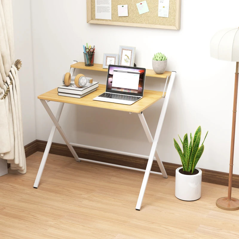 HOMCOM Scrivania Pieghevole con Ripiano Rialzato e Gambe a X, in Legno e Acciaio, 86x66x82 cm, Bianco e color Legno