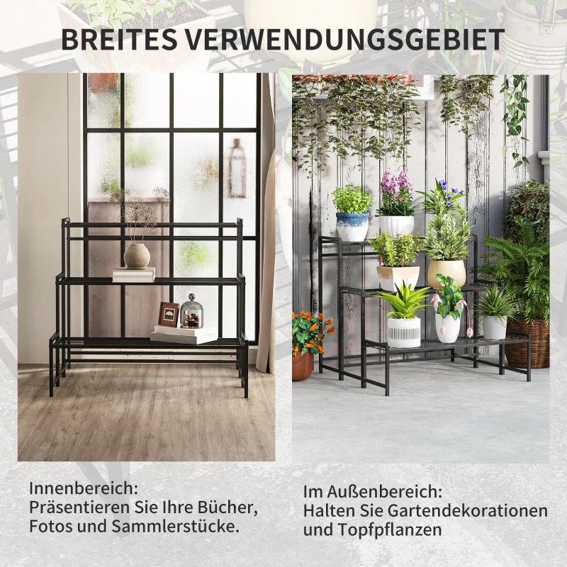 Outsunny Bloemenpotstandaard, 3-Laags Plantenstandaard in Trapvorm, Bloemenpotrek voor Binnen en Buiten, Metaal, Zwart