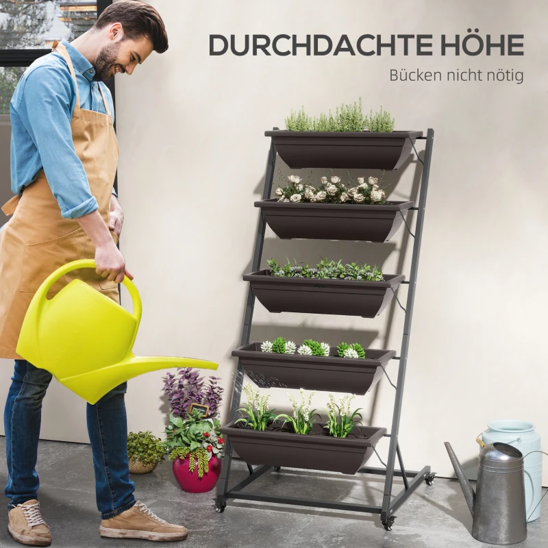 Outsunny 5-laags plantenrek, 145 cm hoog bloementoren met wieltjes en potten, stalen plantenplanken Bruin