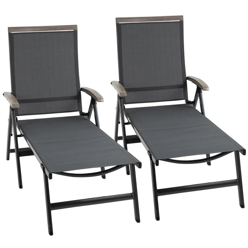 Outsunny Set of 2 Outdoor Folding Sun Loungers, 5-Position Adjustable Chaise Lounge Chairs with Aluminium Frame for Patio, Garden, Grey