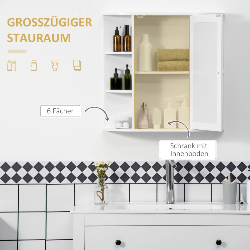 HOMCOM Spiegelkast Badkast Badkamerkast, 8 vakken, Spiegeldeuren, waterbestendig, 66 cm x 17 cm x 63 cm, Wit
