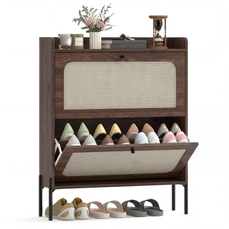 HOMCOM Shoe Cabinet 16 Pairs, 2 Tilting Drawers, Rattan Doors and Adjustable Shelves, 80x23.7x99.5cm, Dark Brown