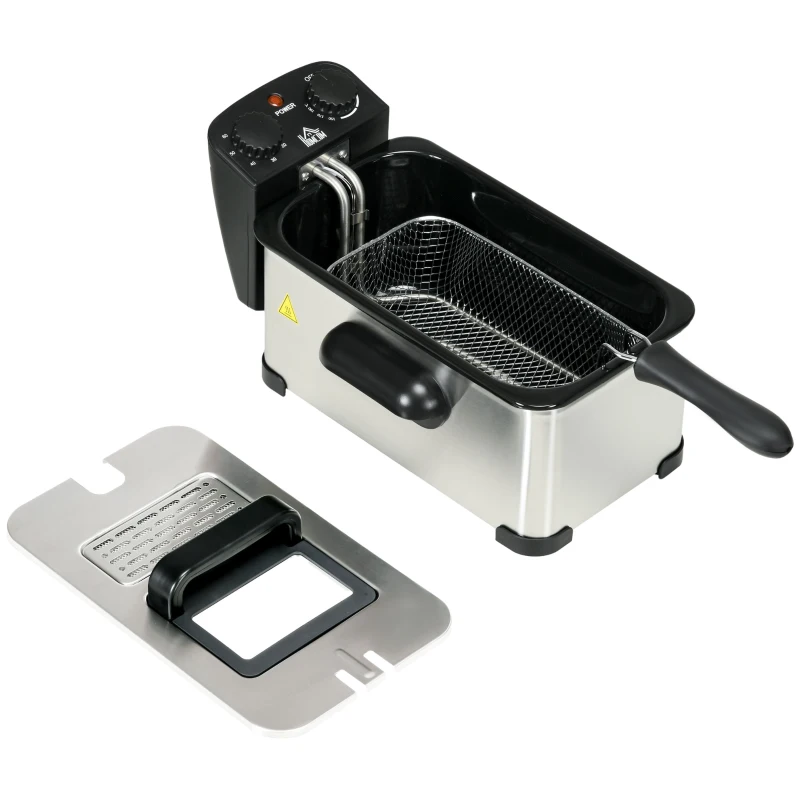 HOMCOM Friteuse à huile 3L avec température réglable, minuterie, panier à huile amovible, acier inoxydable, argent et noir