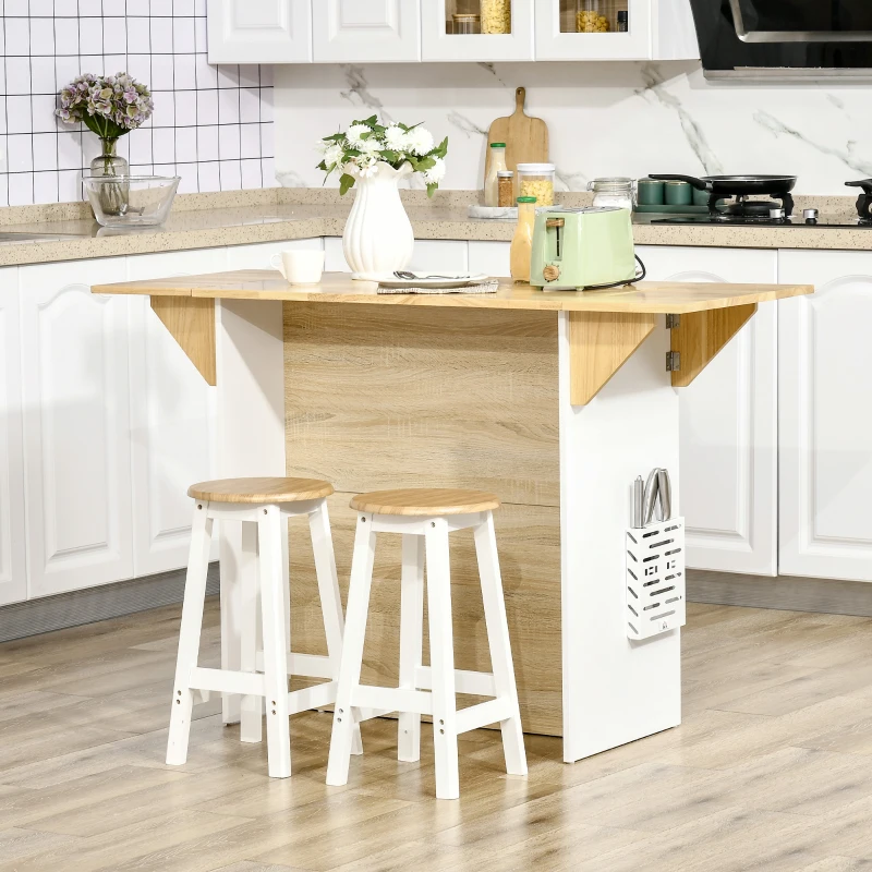 HOMCOM Ilot central cuisine meuble de rangement cuisine de service avec plan de travail rabattable en bois de caoutchouc et 2 étagères - 140 x 55 x 91 cm