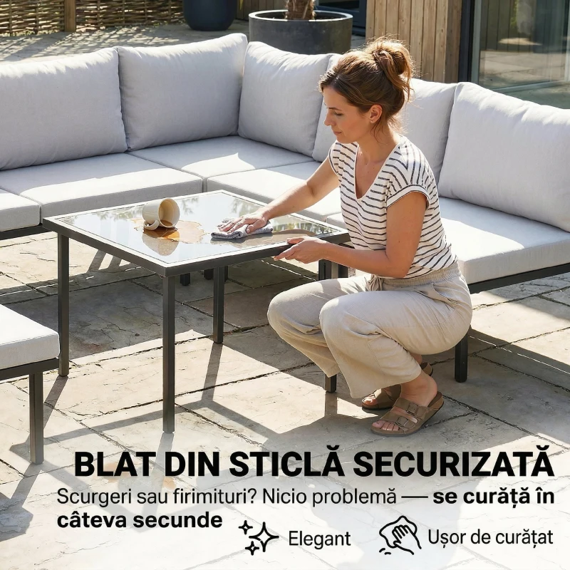 Outsunny Set Mobilier Grădină Metal 6 Persoane, Canapea de Colț cu Perne, Gri Deschis