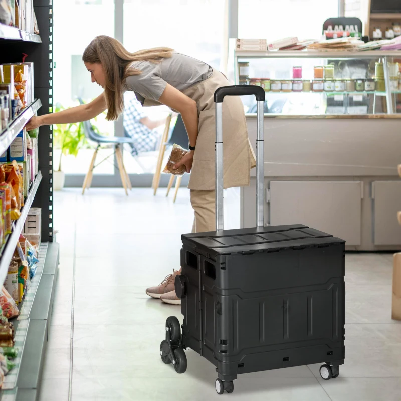 HOMCOM Winkelwagen Winkeltrolley, Trappenklimmer, Opvouwbaar, Telescopische Greep, tot Max. 65 Kilo Belastbaar, Zwart