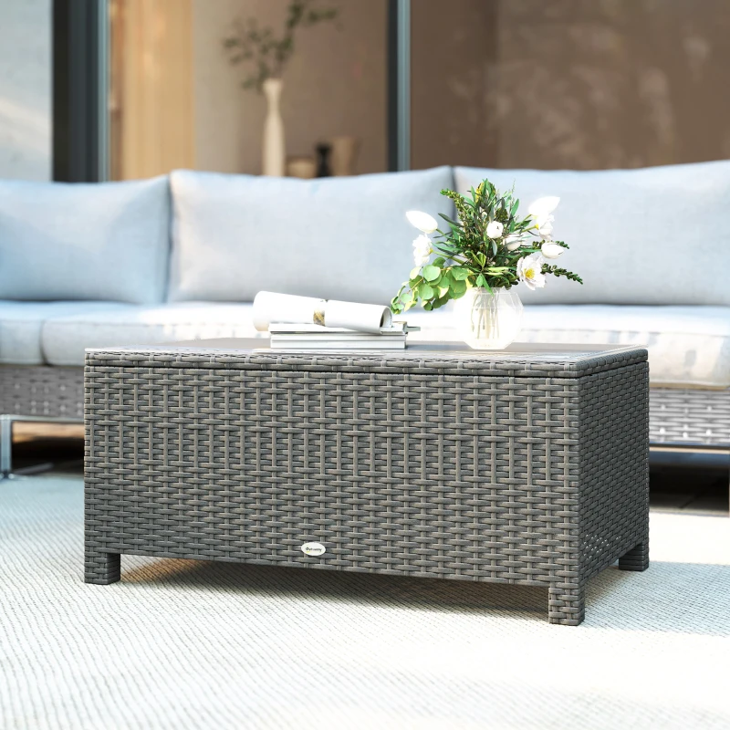 Outsunny Rattan Garden Coffee Table with Glass Top, Light Grey