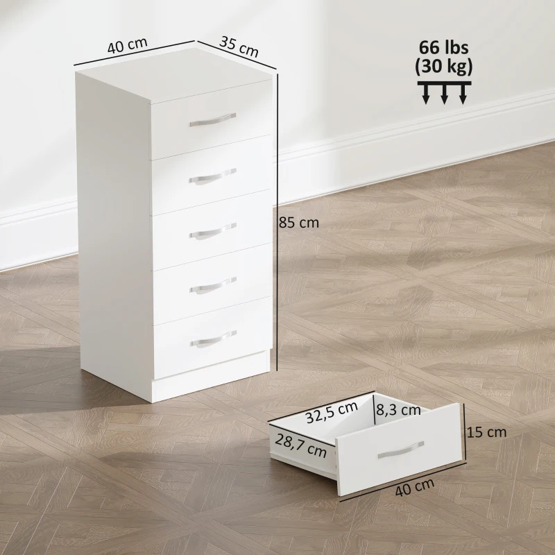 HOMCOM Cassettiera 5 Cassetti dallo Stile Moderno, in Truciolato, 40x35x85 cm, Bianco