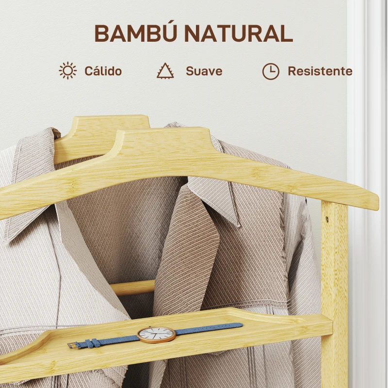HOMCOM Galán de Noche de Bambú con Ruedas Colgadores Barras para Pantalones Bandeja y Zapatero 47x33,7x105,5 cm Natural