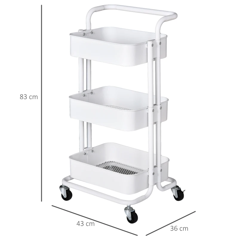 HOMCOM Carrito Auxiliar de 3 Niveles con Ruedas y 3 Baldas Malla Metálica para Cocina Oficina Baño Carro Multiuso de Almacenamiento con Pasamanos Carga de 45kg Blanco 43x36x83cm