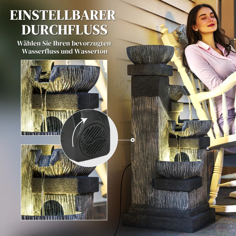 Outsunny 85 cm Outdoor Fontein, 4-Verdiepingen Sierfontein, Kunstmatige Waterval met LED-verlichting en Pomp, Grijs