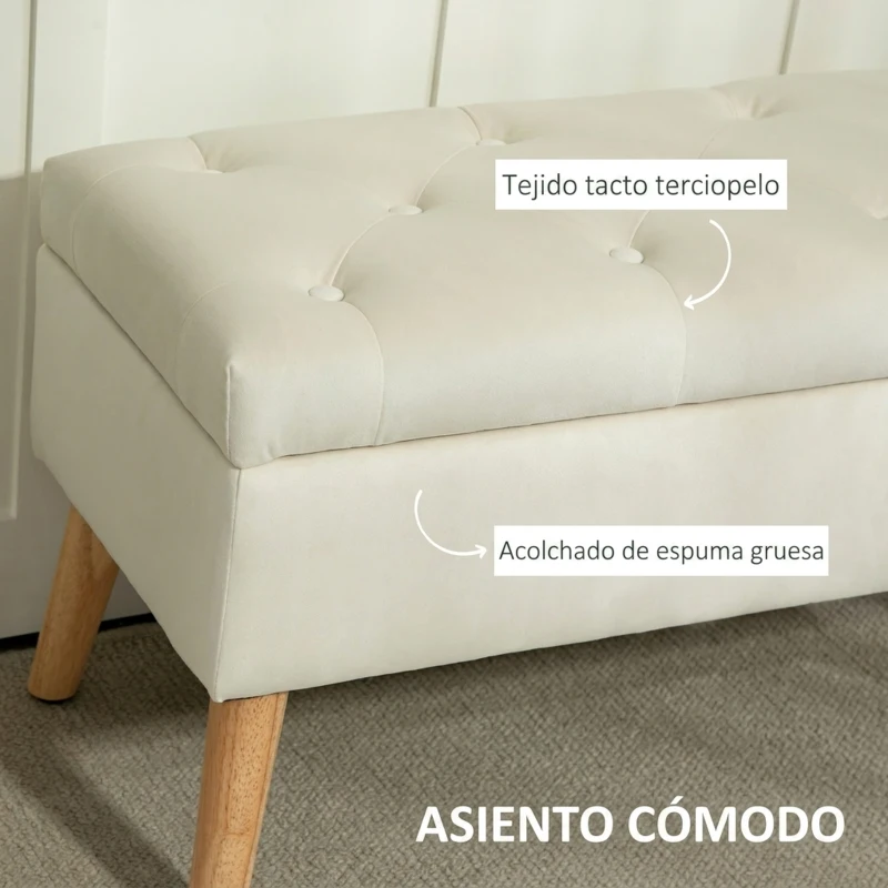 HOMCOM Puff Almacenaje Tapizado en Terciopelo con Tapa Patas de Madera para Sala de Estar Dormitorio Entrada 80x35x42 cm Crema