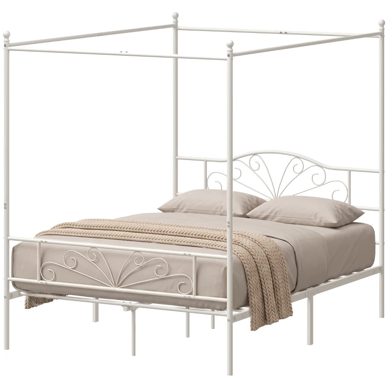 HOMCOM Canopy Bed Frame King Size, Metal Platform Bed Frame with Headboard and Footboard, Underbed Storage, White