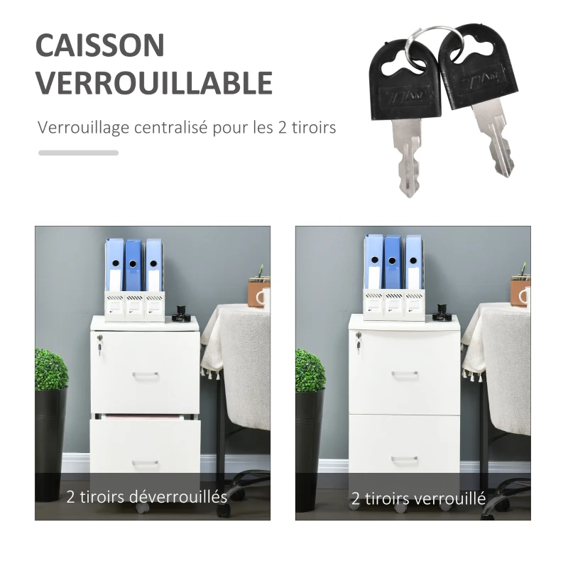 Vinsetto Caisson de bureau rangement sur roulettes dossier meuble armoire de bureau 2 tiroirs verrouillables en MDF panneaux de particules dim. 43L x 45l x 72H cm blanc