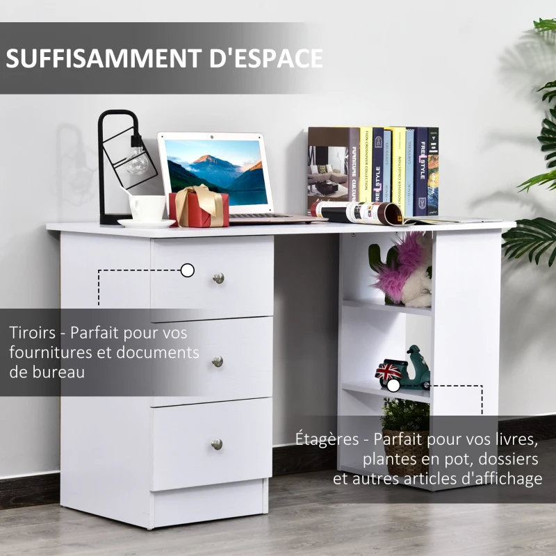 HOMCOM Bureau informatique multimédia multi-rangements 3 tiroirs 2 étagères 120L x 49l x 72H cm blanc