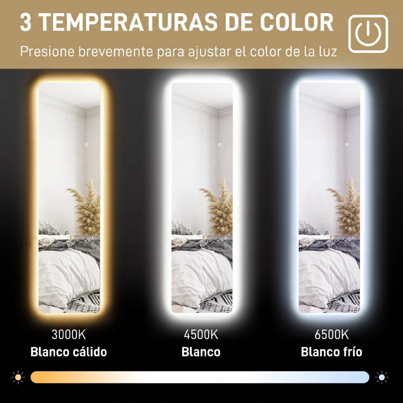 HOMCOM Espejo de Cuerpo Entero con Luz LED 150x40 cm con Iluminación de 3 Colores Función de Memoria Transparente