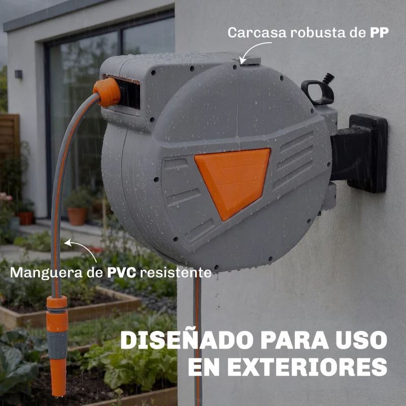 Outsunny Carrete de Manguera Retráctil 30+2 m con Boquilla de 2 Modos Bloqueo Automático y Retracción Controlada Soporte Naranja