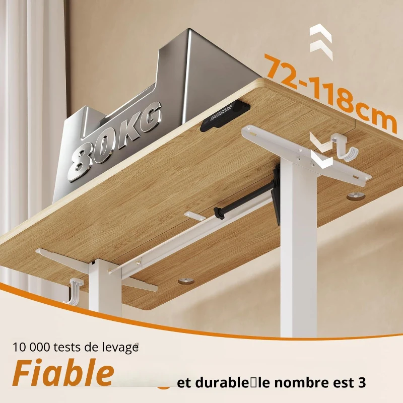 Bureau réglable en hauteur électrique, moteur silencieux avec mémoire 3 positions et système anti-collision, 120 × 60 cm, 120x60x72-118 cm, coloris chêne