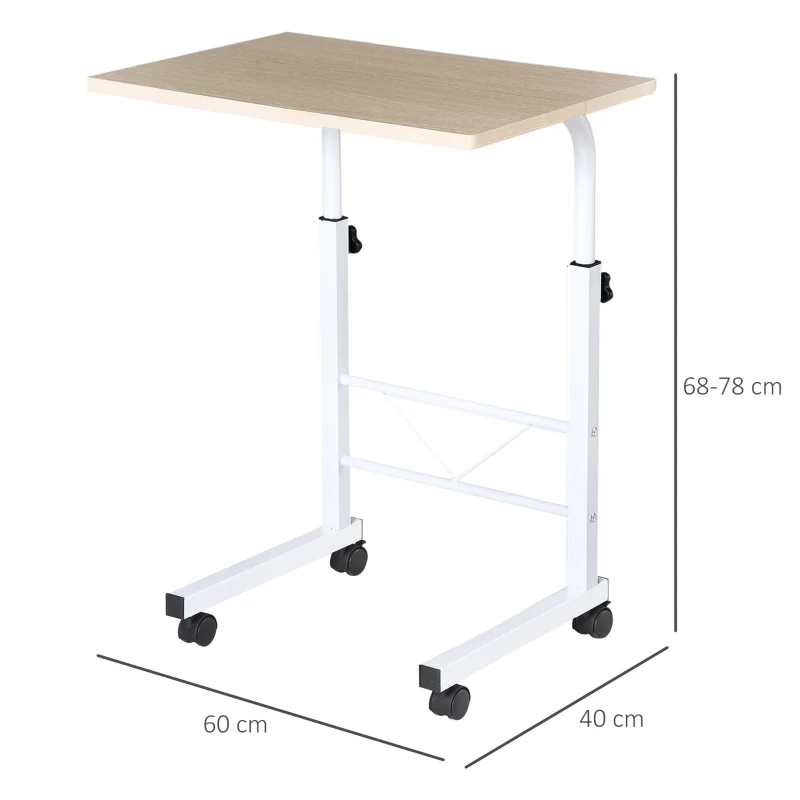 HOMCOM bijzettafel in hoogte verstelbare salontafel verrijdbaar bureau met wielen parkeerremmen C-vormige tafel spaanplaat staal ijzer kunststof wit esdoorn 60 x 40 x 68-78 cm