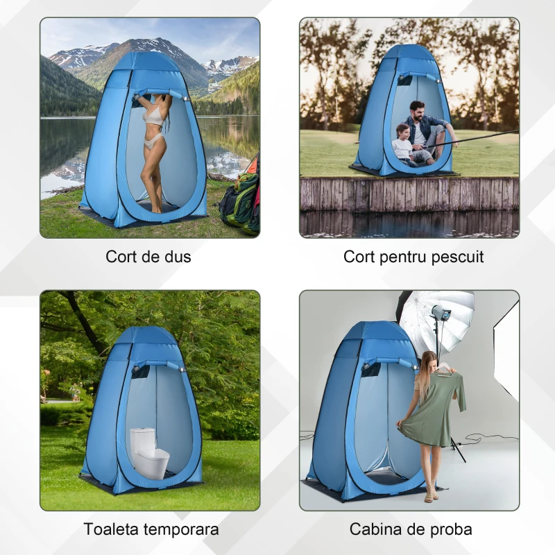 Outsunny Cort de Duș pentru Camping și Plajă cu Ușă cu Fermoar și Geantă de Transport, 126x124x189 cm, Albastru