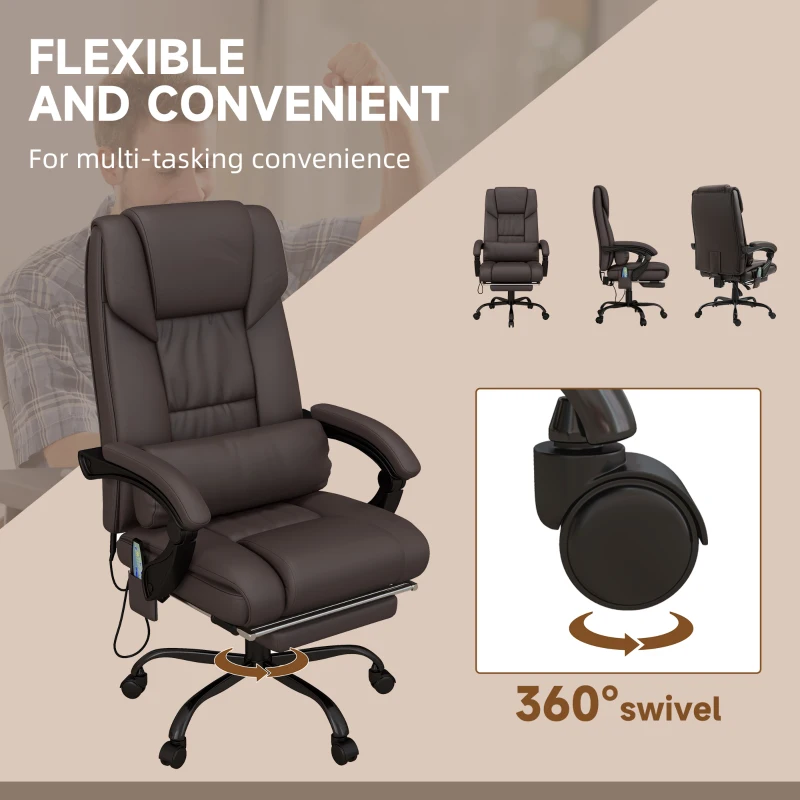 Vinsetto PU Leather Office Chair with 6-Point Vibration Massage, Reclining Chair Office with Footrest, Adjustable Height, Computer Chair, Brown