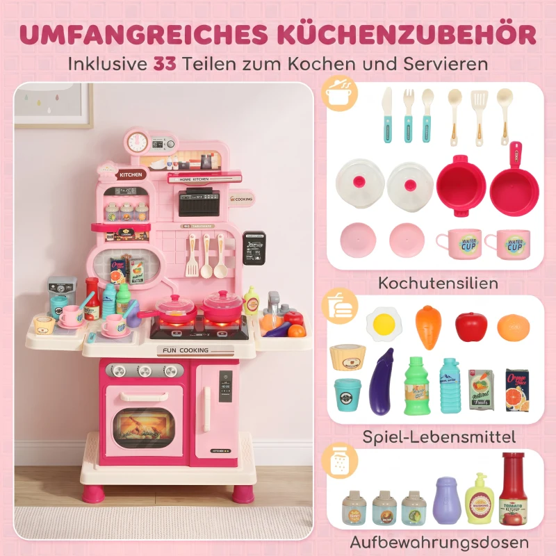 AIYAPLAY Kinderkeuken, 33-delige speelkeuken met accessoires, licht, geluid, opbergruimte, speelgootsteen, fornuis en oven, 3-6 jaar