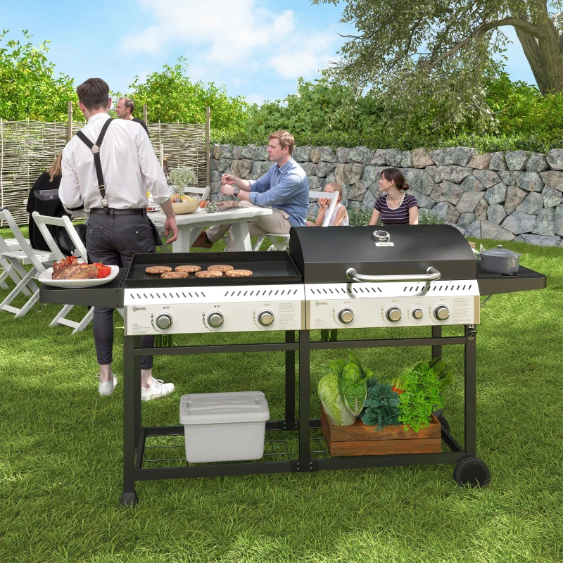 Outsunny 17kW Deluxe Duo Gas BBQ, with Grill, Plancha and Side Burner - Black