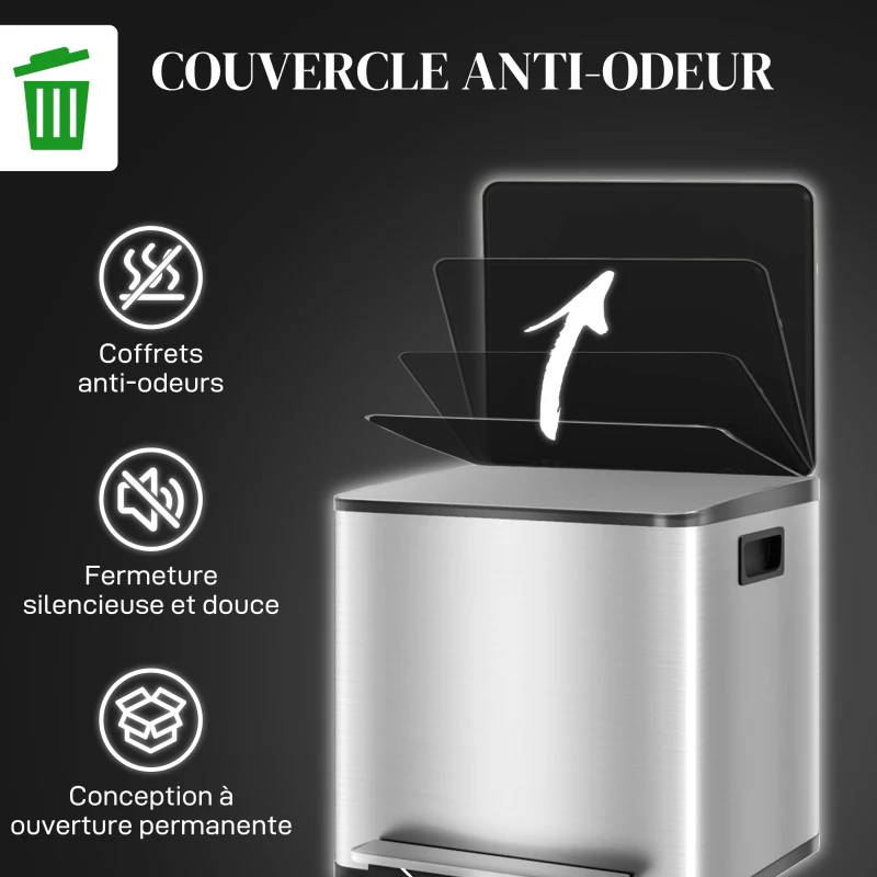 HOMCOM Poubelle de cuisine 2 compartiments de 2 x 15L, avec pédale, en acier inoxydable, couvercle à fermeture douce