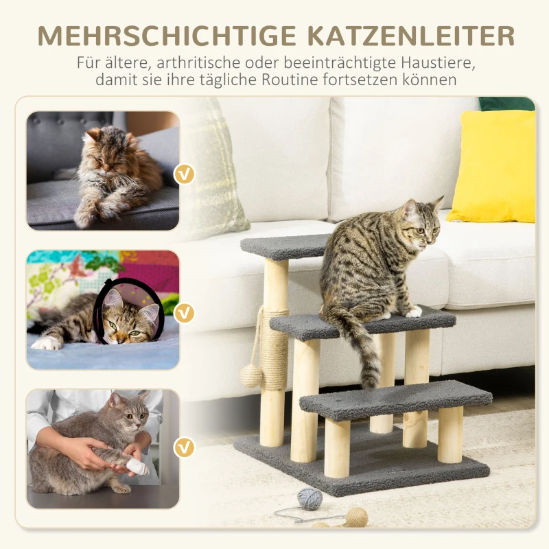PawHut kattentrap, kattenboom, drie treden, speelbal, grijs+houtkleuren, 45 x 40 x 48 cm