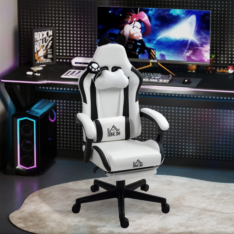 HOMCOM Chaise gaming ergonomique avec Oreilles de Chat, fauteuil gamer avec dossier inclinable, 65 x 62 x 124 cm, blanc