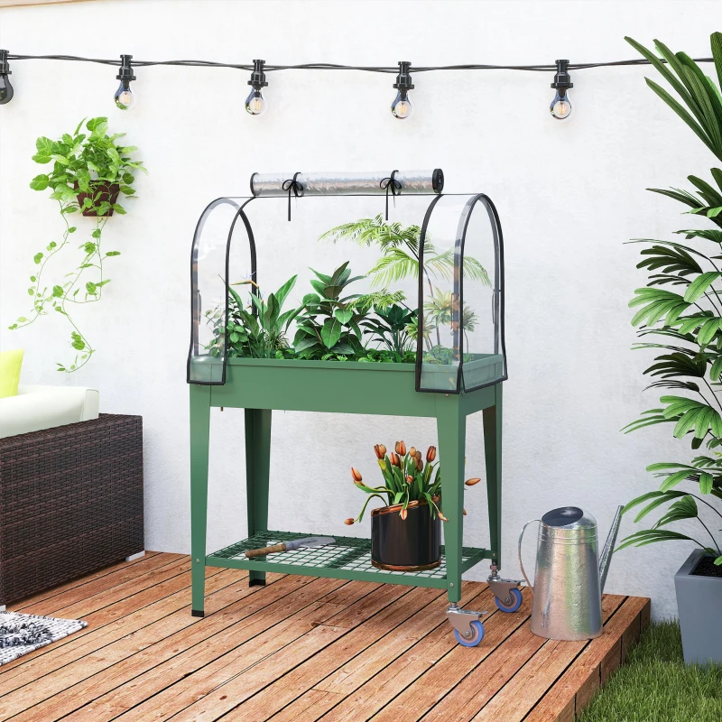 Outsunny Raised Planter with Greenhouse Cover, Mobile Elevated Garden Bed with Wheels and Bottom Shelf for Vegetables, Green