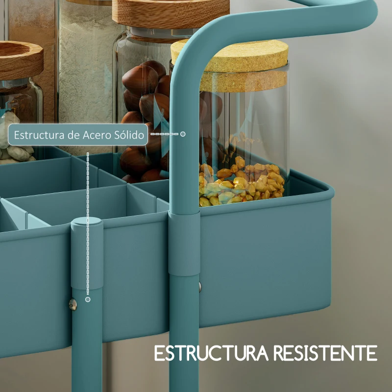 HOMCOM Carrito Auxiliar con Ruedas Carro de Almacenaje Multifuncional con Ganchos y Cajas Colgantes 42x38x86,5 cm Azul Verdoso