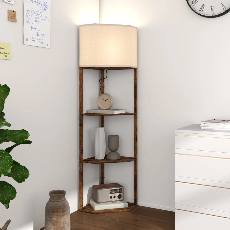 HOMCOM Corner Floor Lamp with Shelves, Tall Standing Lamps for Living Room, with Pull Chain Switch Bulb not Included, Rustic Brown