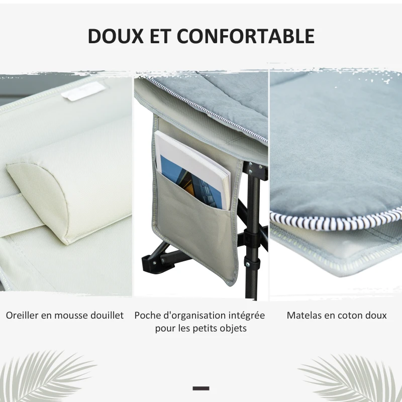 Outsunny Lit de camp pliable transat avec matelas, appui-tête, pochette latérale et sac intégré, en métal et tissu Oxford, gris