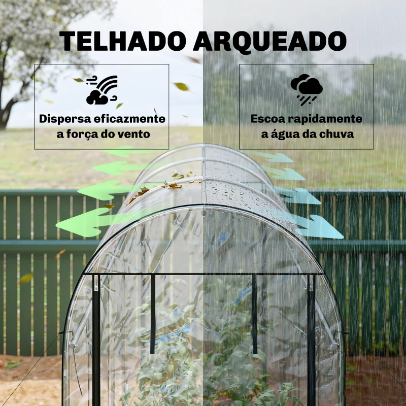 Outsunny Estufa Tipo Túnel 3x1x2 m com 8 Portas Enroláveis e Estrutura de Aço Galvanizado Anti-UV Transparente